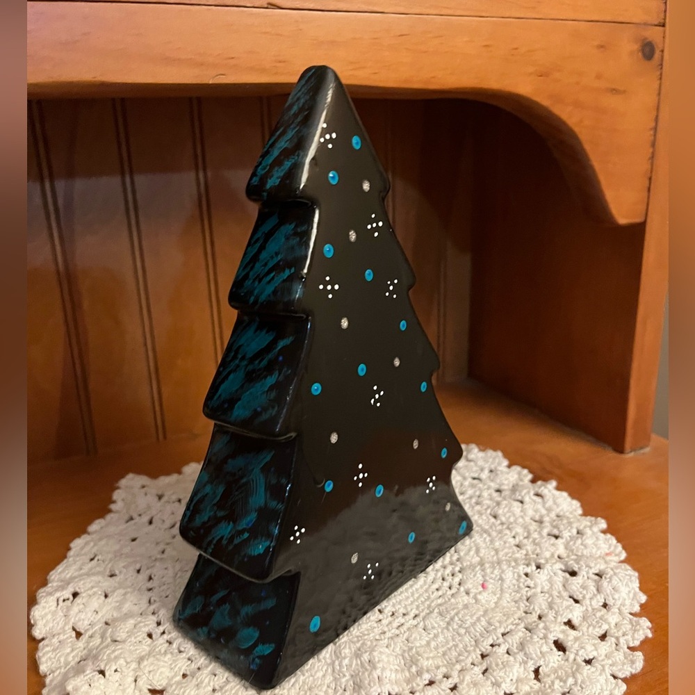 Handpainted Ceramic Holiday Tree Black and Teal Decor